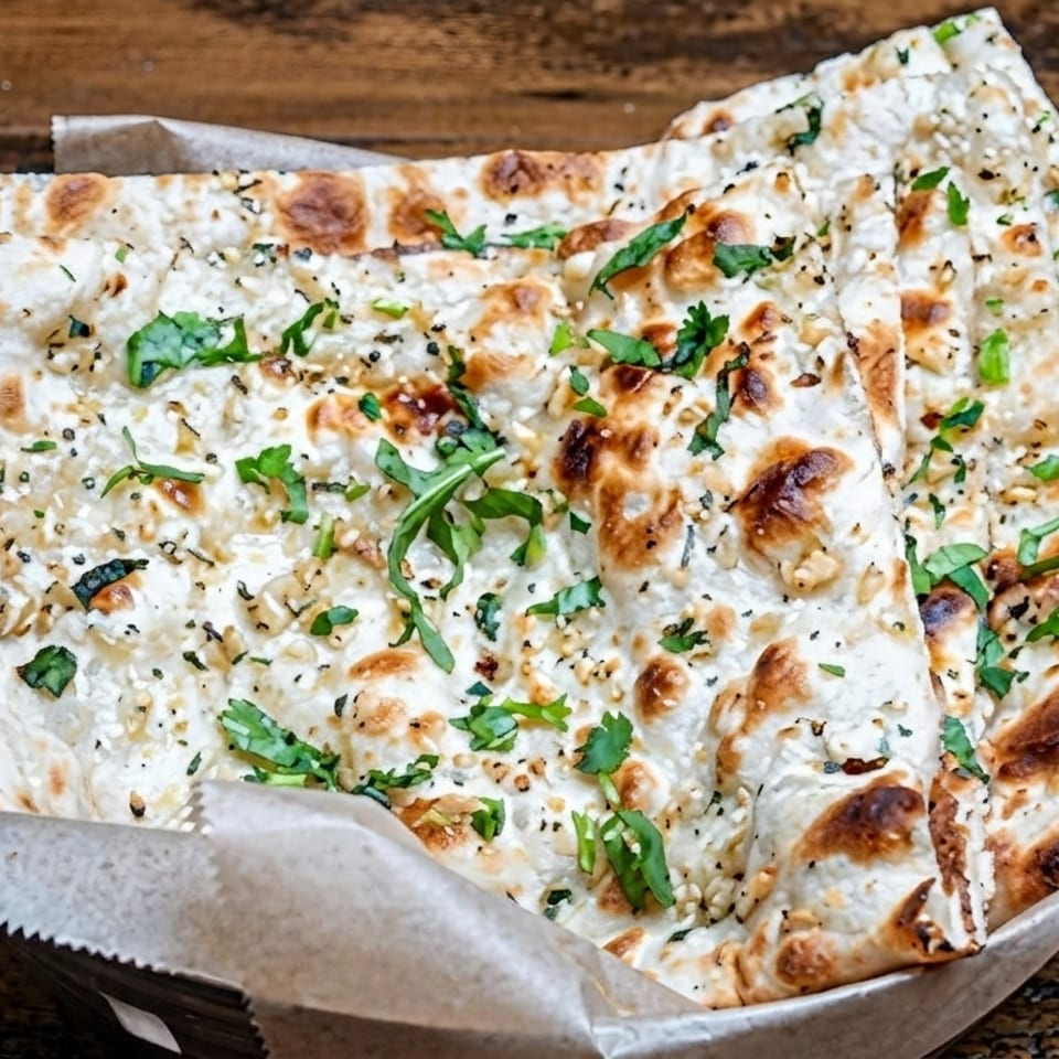 Toasted naan bread with herbs and garlic, served in a paper-lined basket on a wooden table.