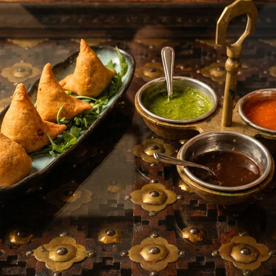 Golden fried samosas on a platter with three colorful dipping sauces on a decorative wooden table.