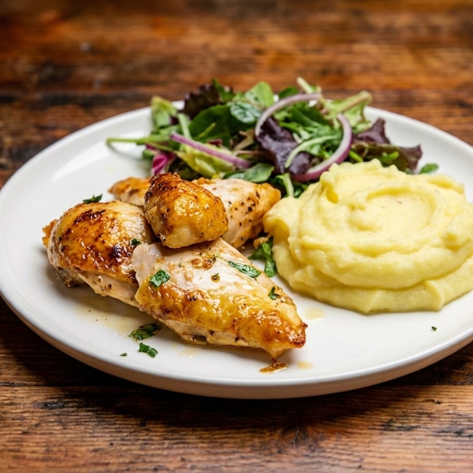 Grilled chicken pieces with mashed potatoes and a fresh green salad on a white plate.