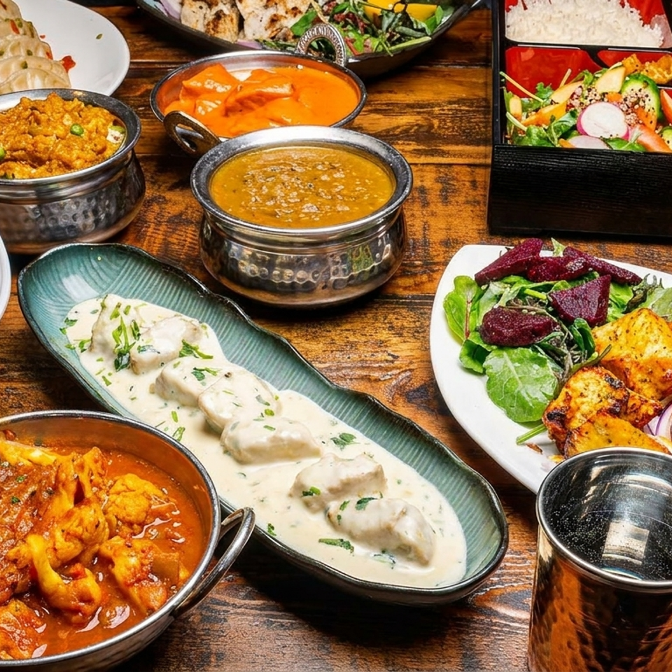 A vibrant spread of Indian dishes including curries, rice, naan, and paneer tikka on a wooden table.