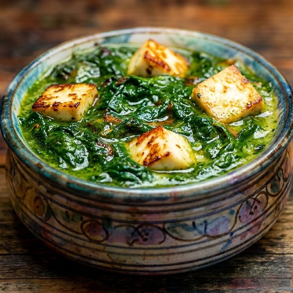 Vibrant green spinach curry with golden-brown paneer cheese cubes in a decorative bowl.